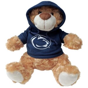 plush bear Fred wearing navy hoodie with white Penn State Athletic Logo